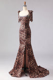 Brown Leopard Mermaid Beaded Strap Bows Printed Long Prom Dress with Slit