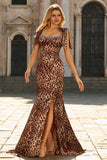Mermaid Brown Leopard Beaded Strap Bows Printed Long Prom Dress with Slit