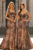 Mermaid Brown Leopard Beaded Strap Bows Printed Long Prom Dress with Slit