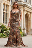 Brown Leopard Mermaid Strap Bows Printed Long Plus Size Prom Dress with Slit