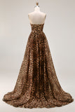 Strapless Brown Leopard A-Line Corset Long Prom Dress with Slit