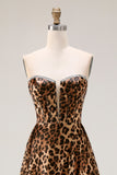 Strapless Brown Leopard A-Line Corset Long Prom Dress with Slit
