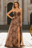 Strapless A-Line Corset Brown Leopard Long Prom Dress with Slit