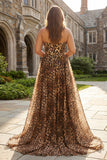 Brown Leopard A-Line Strapless Corset Long Plus Size Prom Dress with Slit