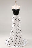 Black White Mermaid Cut Out Satin Long Polka Dots Dress with Bow