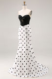 Black White Mermaid Cut Out Satin Long Polka Dots Dress with Bow