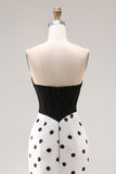 Black White Mermaid Cut Out Satin Long Polka Dots Dress with Bow