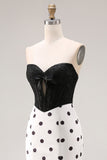 Black White Mermaid Cut Out Satin Long Polka Dots Dress with Bow