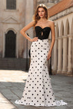 Black White Mermaid Cut Out Satin Long Polka Dots Dress with Bow