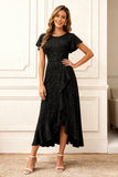 Glitter Black A Line Ruffle Holiday Party Dress with Sleeves