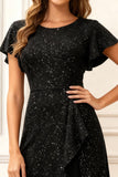 Glitter Black A Line Ruffle Holiday Party Dress with Sleeves
