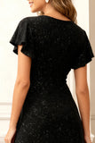 Glitter Black A Line Ruffle Holiday Party Dress with Sleeves
