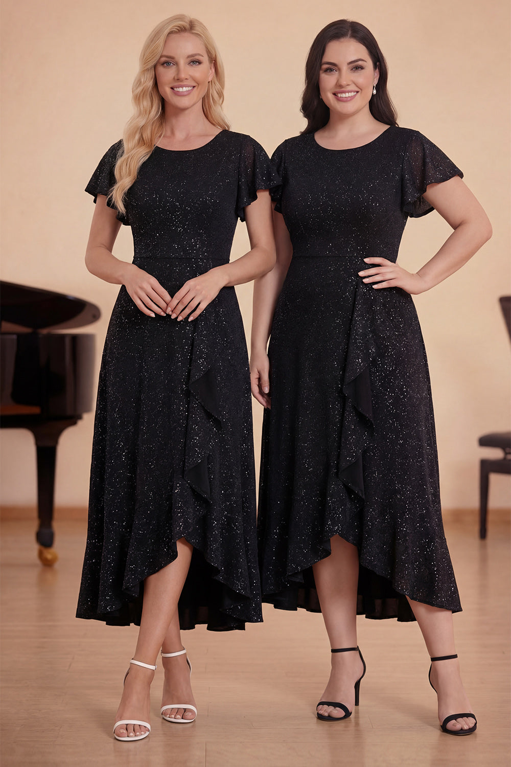ZAPAKA Women Black A-Line Choir Dress Round Neck Ruffled Midi Formal