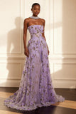 Purple Strapless Appliqued A-Line Long Prom Dress With 3D Flowers