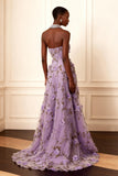 Purple Strapless Appliqued A-Line Long Prom Dress With 3D Flowers