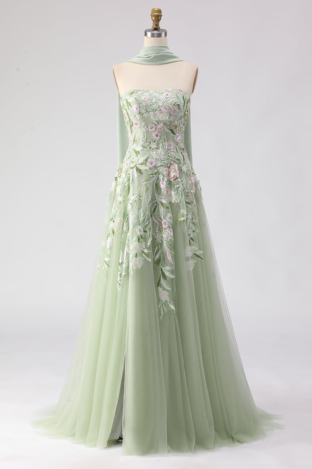 Zapaka Women Dusty Sage Prom Dress Strapless Embroidered A-Line Long Evening Dress With Slit, Dusty Sage / US26W Zapaka Women Dusty Sage Prom Dress Strapless Embroidered A-Line Long Evening Dress With Slit, Dusty Sage / US26W
