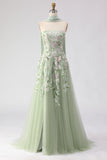 Strapless Dusty Sage A-Line Sequins Embroidered Long Prom Dress with Slit