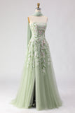 Strapless Dusty Sage A-Line Sequins Embroidered Long Prom Dress with Slit