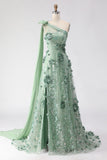 Eucalyptus One Shoulder A-Line Sequins 3D Flowers Long Prom Dress with Slit