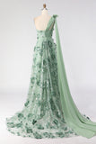 Eucalyptus One Shoulder A-Line Sequins 3D Flowers Long Prom Dress with Slit