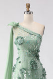 Eucalyptus One Shoulder A-Line Sequins 3D Flowers Long Prom Dress with Slit