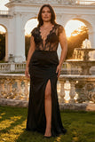 Black Mermaid Lace V-Neck Plus Size Long Prom Dress with Slit
