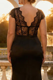 Black Mermaid Lace V-Neck Plus Size Long Prom Dress with Slit