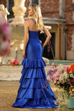 Royal Blue One Shoulder Mermaid Corset Tiered Ruffle Long Prom Dress with Slit