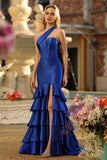 Royal Blue One Shoulder Mermaid Corset Tiered Ruffle Long Prom Dress with Slit