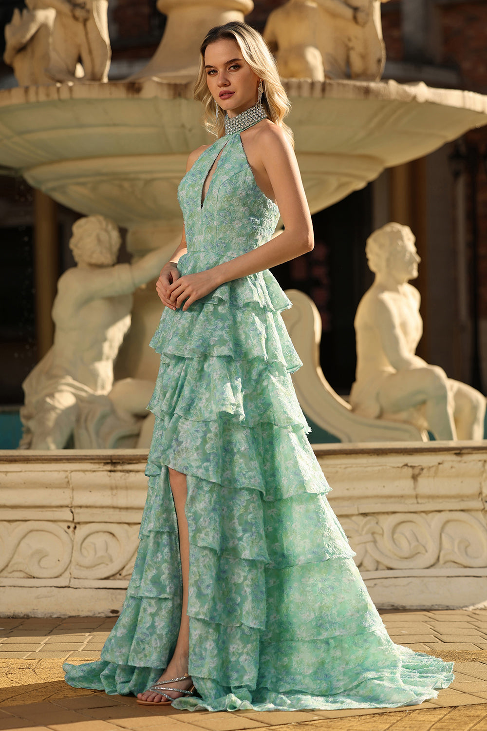 Zapaka Women Sage Green Halter Long Prom Dress A Line Beaded Cut Out Tiered Ruffle Party Dress with Slit, Sage Green / US14 Zapaka Women Sage Green Halter Long Prom Dress A Line Beaded Cut Out Tiered Ruffle Party Dress with Slit, Sage Green / US14