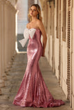 Sparkly Pink Mermaid Strapless Long Prom Dress with Bow