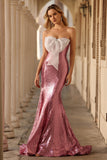 Sparkly Pink Mermaid Strapless Long Prom Dress with Bow