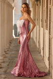 Sparkly Pink Mermaid Strapless Long Prom Dress with Bow