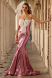 Sparkly Pink Mermaid Strapless Long Prom Dress with Bow