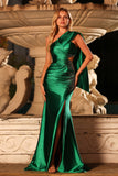 Dark Green Satin One Shoulder Mermaid Beaded Long Prom Dress with Slit