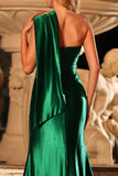 Dark Green Satin One Shoulder Mermaid Beaded Long Prom Dress with Slit