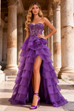 Purple A-Line Sweetheart Sheer Corset Tiered Long Prom Dress with Slit