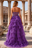 Purple A-Line Sweetheart Sheer Corset Tiered Long Prom Dress with Slit