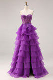 Purple A-Line Sweetheart Sheer Corset Tiered Long Prom Dress with Slit