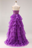 Purple A-Line Sweetheart Sheer Corset Tiered Long Prom Dress with Slit