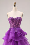 Purple A-Line Sweetheart Sheer Corset Tiered Long Prom Dress with Slit