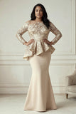 Champagne Mermaid Ruffled Long Sleeves Plus Size Mother of the Bride Dress