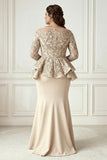 Champagne Mermaid Ruffled Long Sleeves Plus Size Mother of the Bride Dress