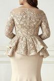 Champagne Mermaid Ruffled Long Sleeves Plus Size Mother of the Bride Dress