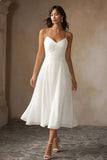 White A Line Chiffon Spaghetti Straps Midi Wedding Dress