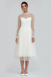 White Tulle A Line Midi Engagement Dress with Long Sleeves