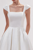 White Satin Square Neck Long Engagement Dress with Pockets