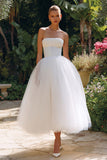 Simple White Strapless Tulle Maxi Engagement Dress
