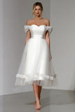 White Off The Shoulder A Line Midi Wedding Reception Dress