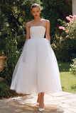 White Strapless A Line Tulle Midi Courthouse Wedding Dress